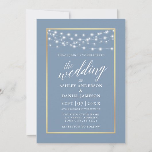 Calligrafie Stusty Blue String Lights Gold Wedding Kaart (Voorkant)