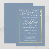 Calligrafie Stusty Blue String Lights Gold Wedding Kaart (Voorkant / Achterkant)