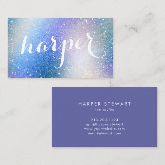 Calligrafie Unicorn Glitter Iridescent Holographic Visitekaartje (Voorkant / Achterkant)