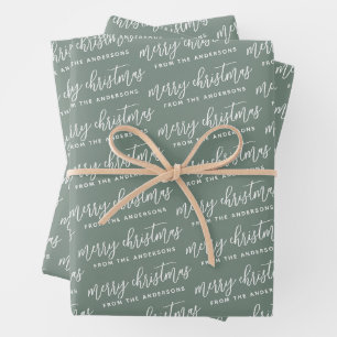 Calligrafie Vroege kerstfamilie Sage Green Inpakpapier Vel