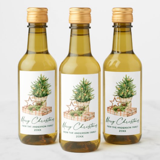 Calligrafie - Waterverf met groene inkt - kerstboo Wijn Etiket (Flessen)