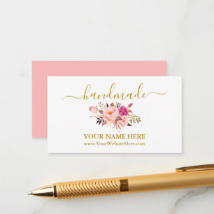 Calligrafie Waterverf Roze Floral Handmade Gold Informatiekaartje