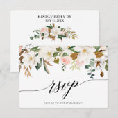Calligrafie White Magnolias Rozen Wedding RSVP Kaartje (Voorkant / Achterkant)