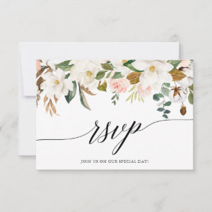 Calligrafie White Magnolias Rozen Wedding RSVP Kaartje