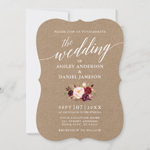 Calligrafiescript Burgundy Floral Wedding Kraft Kaart