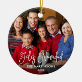 Calligrafiescript Feliz Navidad Rood foto Keramisch Ornament (Voorkant)