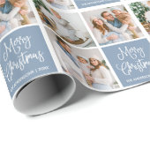 Calligrafiescript met Kerstmis 3 Foto Dusty Blue Cadeaupapier (Rol Hoek)