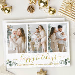 Calligraphie Aquarelle Eucalyptus 3 Photo Or<br><div class="desc">Calligraphie moderne Script 3 Photo Happy Holidays Card inclut des Feuilles d'Eucalyptus Aquarelle. Texte Or.</div>