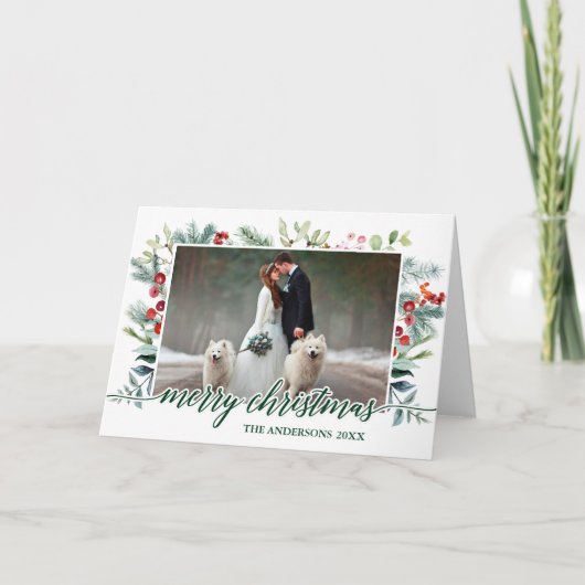 Calligraphie Aquarelle Vert Carte de Noël (Devant)