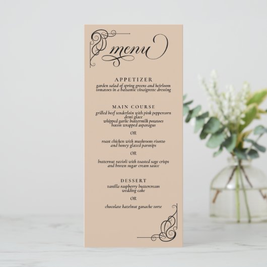 Calligraphie beige et noire Menu Réception mariage (Debout devant)