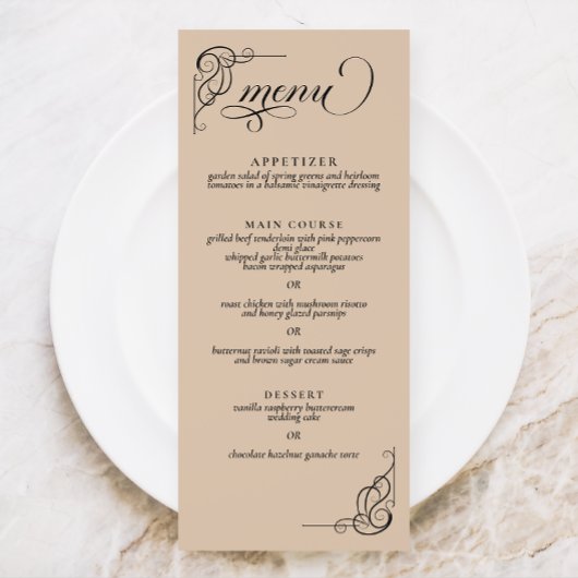 Calligraphie beige et noire Menu Réception mariage