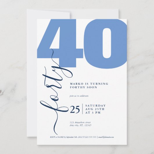 Calligraphie bleue minimaliste Invitations d'anniv (Devant)