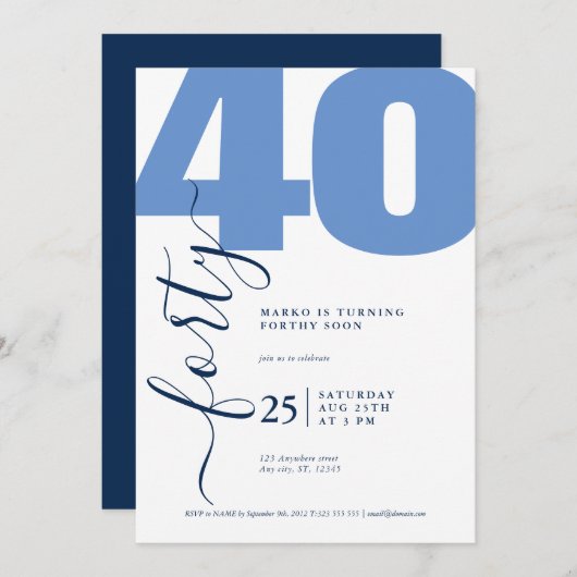 Calligraphie bleue minimaliste Invitations d'anniv (Devant / Derrière)