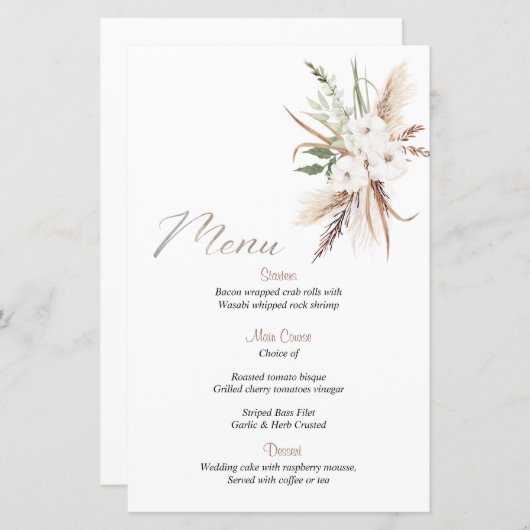 Calligraphie Boho fleur beige menu mariage du (Devant / Derrière)