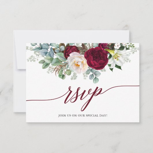Calligraphie Bourgogne Floral RSVP Mariage Card (Devant)