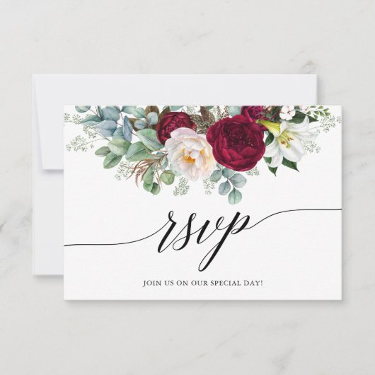 Calligraphie Bourgogne Floral Wedding Carte RSVP (Devant)
