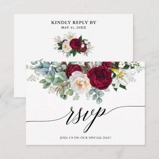Calligraphie Bourgogne Floral Wedding Carte RSVP (Devant / Derrière)