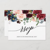 Calligraphie Burgundy Bleu Floral Mariage RSVP Rep (Devant / Derrière)