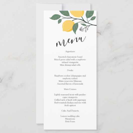 Calligraphie de citron moderne Menu Mariage (Devant)