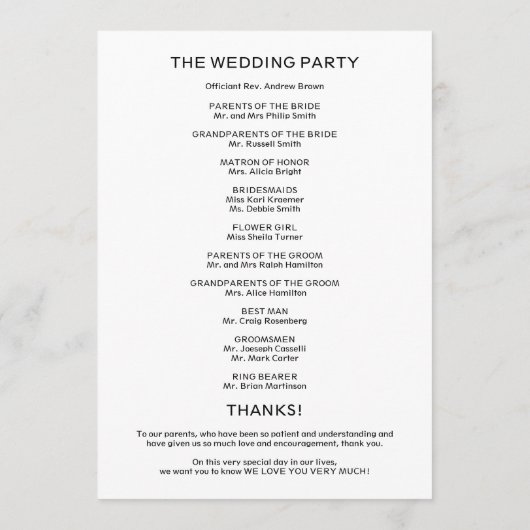 Calligraphie du programme de cérémonie de Mariage (Dos)