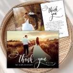 Calligraphie élégante 2 Mariage photo Carte de rem<br><div class="desc">Elégant Boho Chic Calligraphy Mariage 2 Carte de remerciements photo. Simple mariage stylish merci modèle avec une photo verticale complète sur le devant avec le texte "Merci" dans une main tourbillonnant fantaisie lettrage typographie script swash tail police blanc overlay sur l'image et un côté inverse (1) photo et message de...</div>