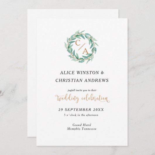 Calligraphie Eucalyptus moderne Invitation Monogra (Devant / Derrière)