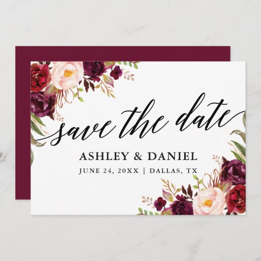 Calligraphie Floral Bourgogne Enregistrer La Carte (Devant / Derrière)