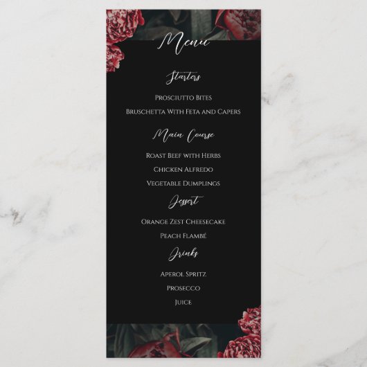 Calligraphie Floral Peony Gothique Menu Mariage (Devant)