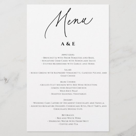 Calligraphie Minimaliste Menu Mariage Blanc (Devant)