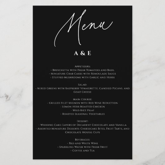 Calligraphie Minimaliste Menu Mariage Noir (Devant)