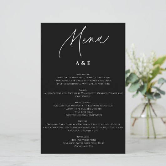 Calligraphie Minimaliste Menu Mariage Noir (Debout devant)