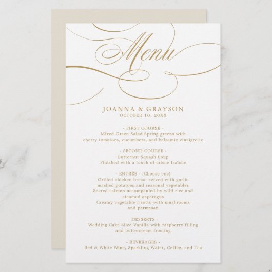 Calligraphie moderne intemporelle or mariage Menu (Devant / Derrière)