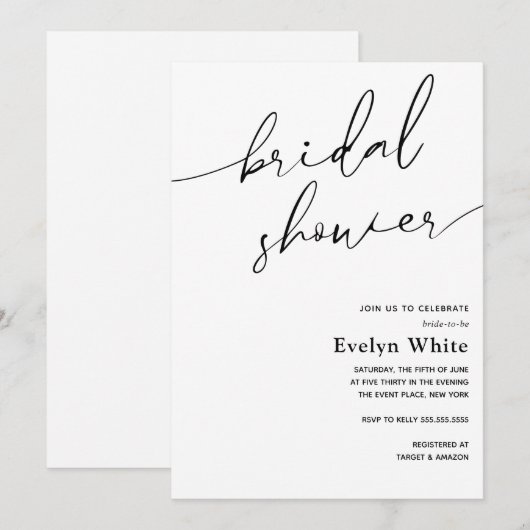 Calligraphie moderne Invitation simple douche nupt (Devant / Derrière)