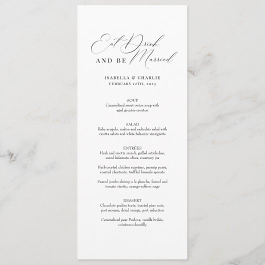 Calligraphie moderne Menu Mariage noir et blanc (Devant)