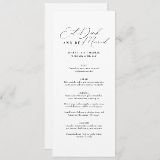 Calligraphie moderne Menu Mariage noir et blanc (Devant / Derrière)