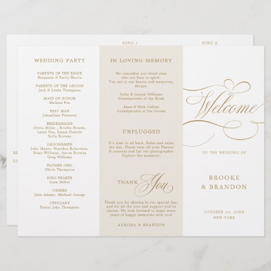 Calligraphie moderne programme de mariage d'or int (Devant / Derrière)
