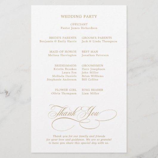 Calligraphie moderne programme de mariage d'or int (Dos)