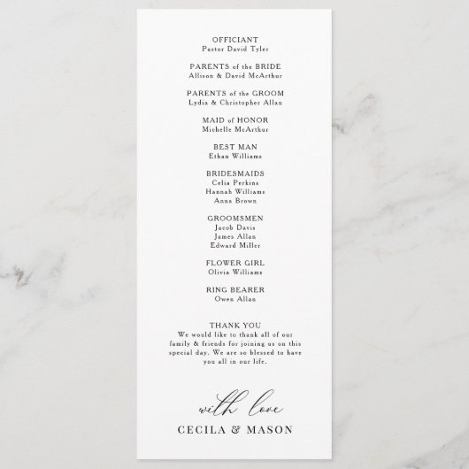 Calligraphie moderne Programme de mariage noir et  (Dos)