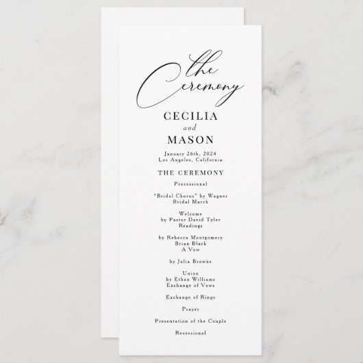 Calligraphie moderne Programme de mariage noir et (Devant / Derrière)