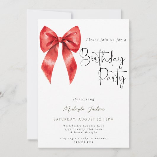 Calligraphie moderne Red Bow Invitation d'annivers (Devant)