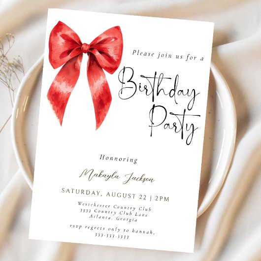 Calligraphie moderne Red Bow Invitation d'annivers