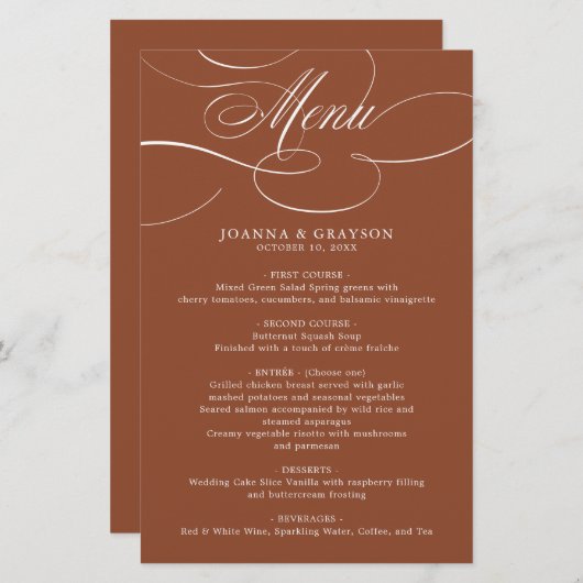 Calligraphie moderne Terracotta boho Menu mariage (Devant / Derrière)