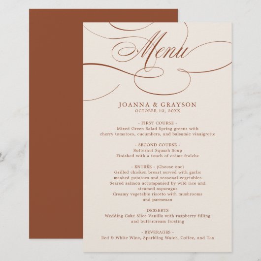 Calligraphie moderne Terracotta boho Menu mariage (Devant / Derrière)