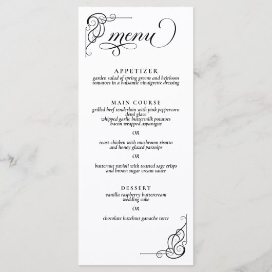 Calligraphie noir et blanc Menu de réception de ma (Devant)