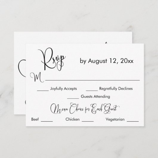 Calligraphie noir et blanc Trois choix de menu RSV (Devant / Derrière)