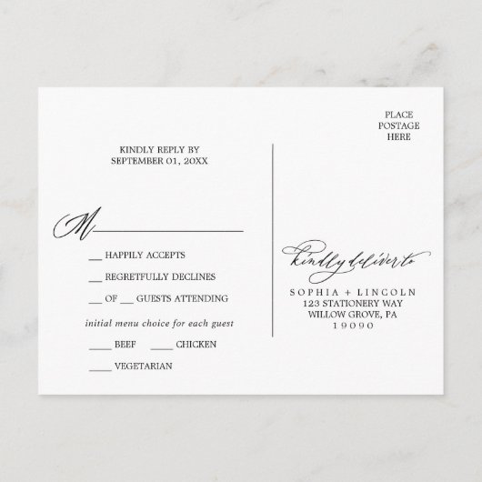 Calligraphie romantique Menu Choix RSVP (Dos)