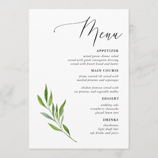 Calligraphie rustique Menus Mariages de verdure (Devant)