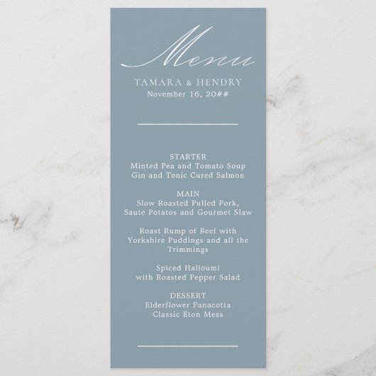 Calligraphie simple Dusty Blue Menu Mariage (Devant)
