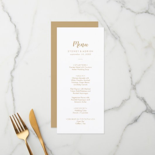 Calligraphie simple|Gold Back Mariage Dinner Menu (Devant/Arrière en situation)