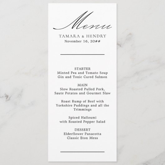 Calligraphie simple Menu Mariage noir et blanc (Devant)